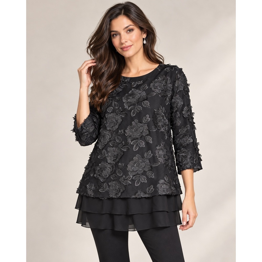 Chico's Black Label Tunic Women 2 L Black Floral Embroidered Layered Chiffon